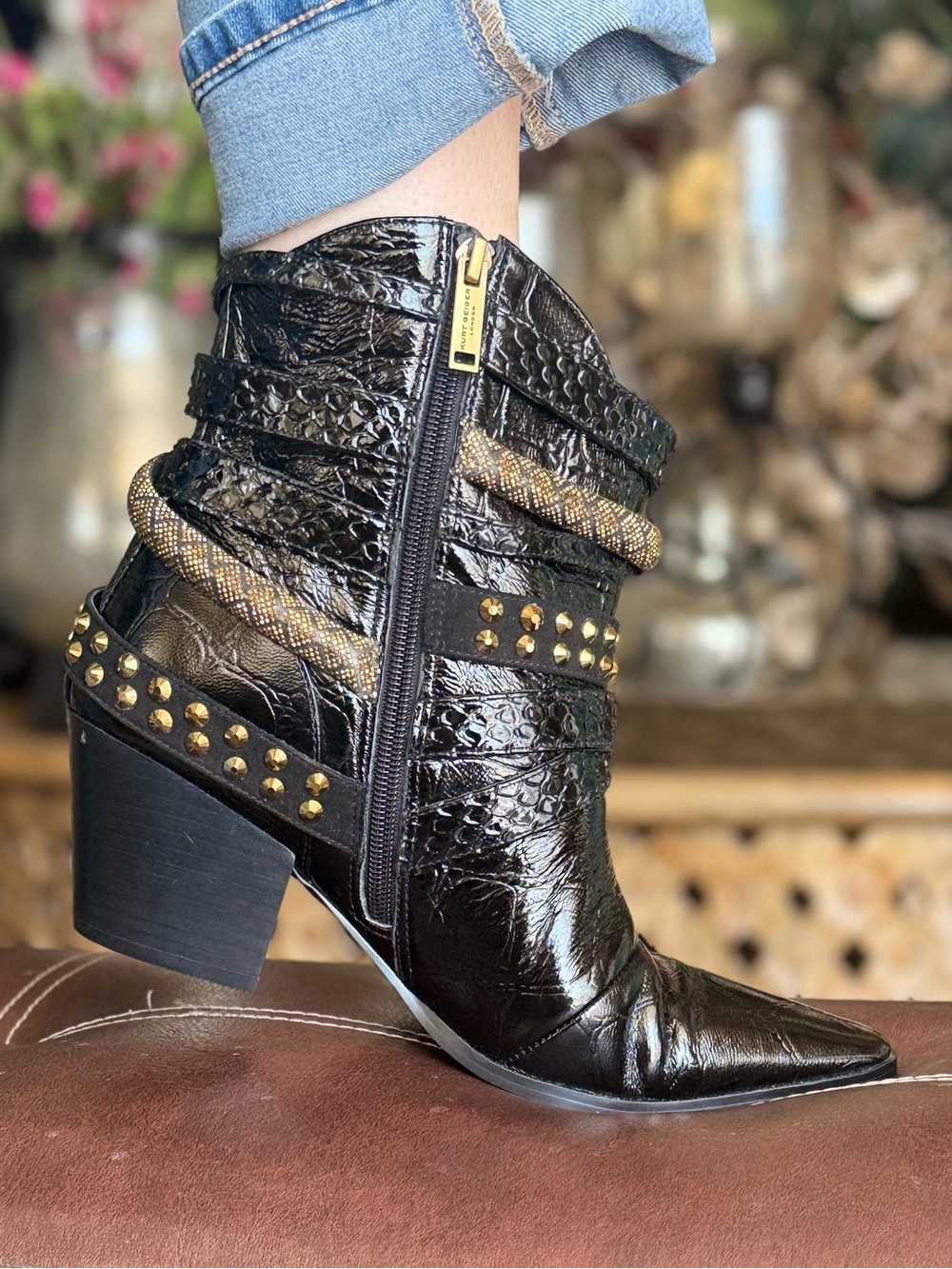 KURT GEIGER BLACK Croc-Embossed Pointed Ankle Booties gold accents western shoes - Picture 12 of 14